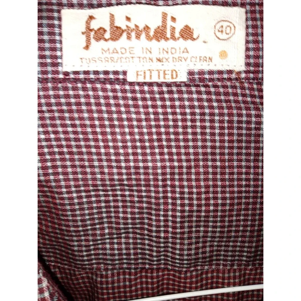 Fabindia Checked Shirt Men's Sz 40 Long Sleeve Fitted Button Down Brown Burgundy